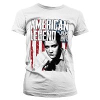 Elvis Presley - American Legend Girly Tee.  Hvid t-shirt med tryk af det amerikanske flag i baggrunden og portræt med Elvis fora