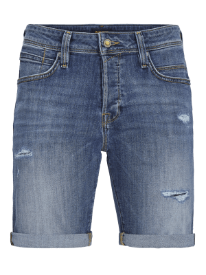 Blue denim shorts with stretch and rips for men 2