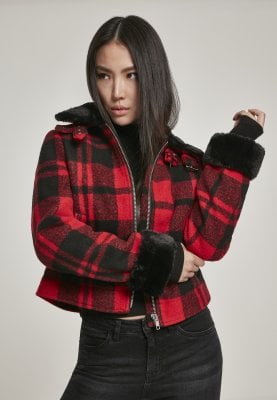 Short red checkered jacket lady
