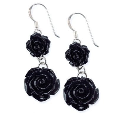 Black roses silver earrings