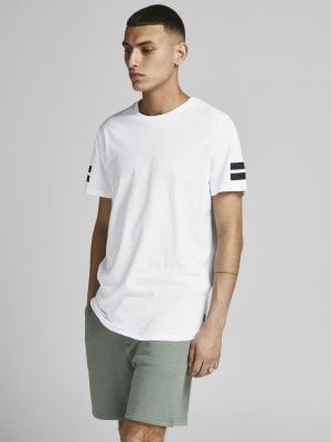 White t-shirt with black stripes on the sleeves for men 1