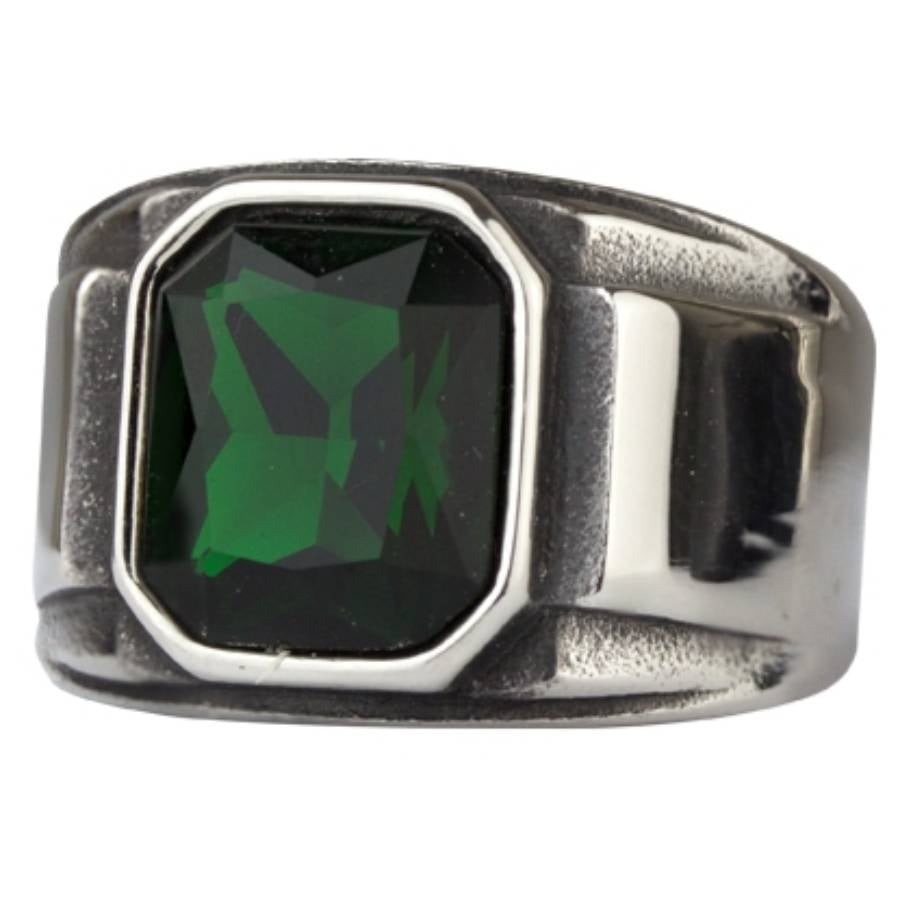 Men's ring with green stone in classic line made from stainless steel